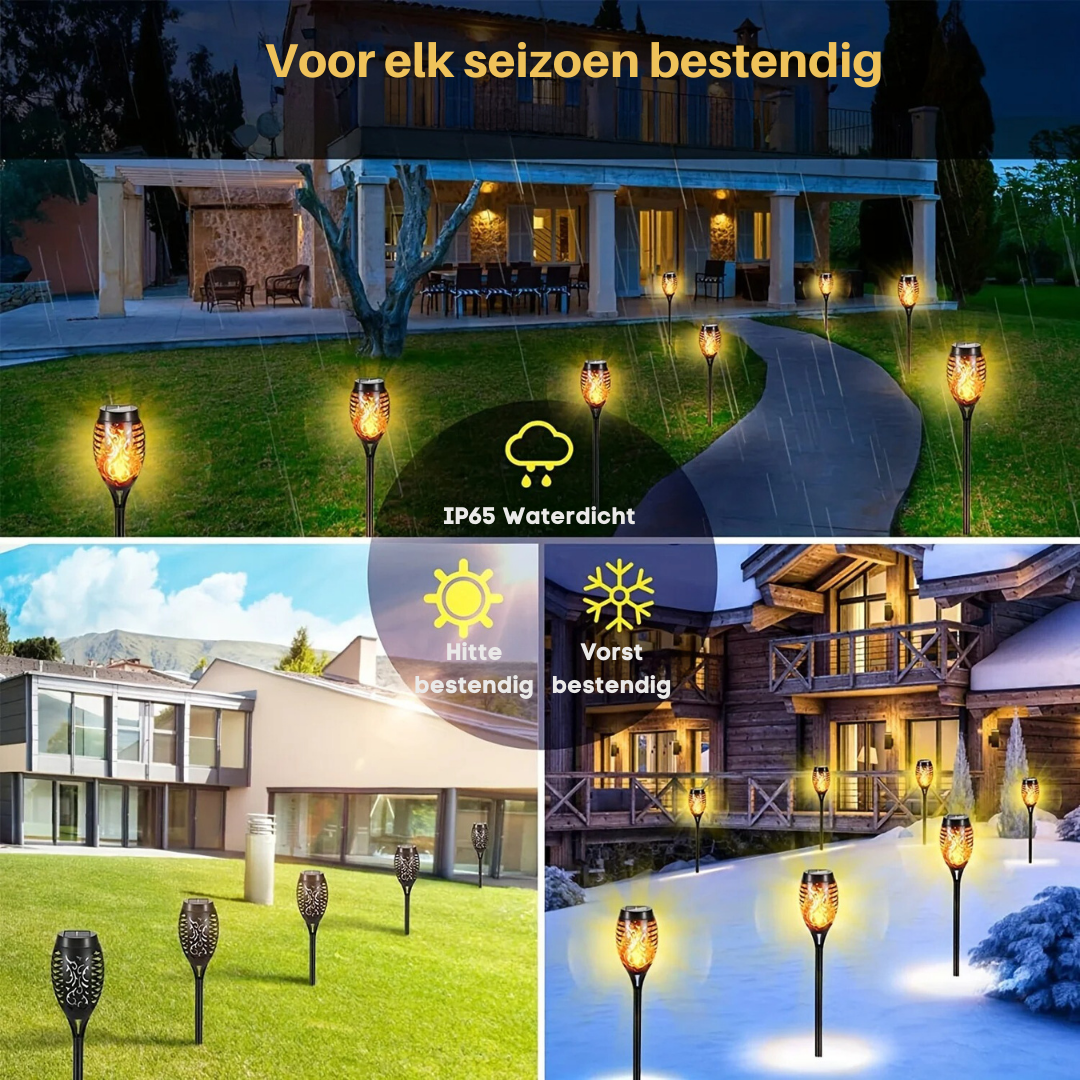 Solar LED buitenverlichting met flikkerende vlam, waterdicht, eenvoudig te installeren, oplaadbaar via zonne-energie, ideaal voor sfeervolle tuinen