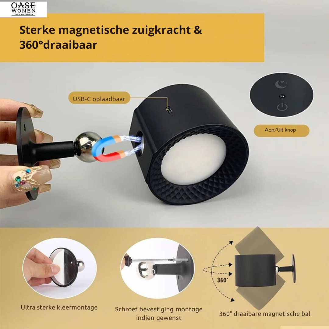 Draadloze 360° wandlamp, eenvoudig te bevestigen zonder boren, met instelbare lichtkleuren en touch- of afstandsbediening
