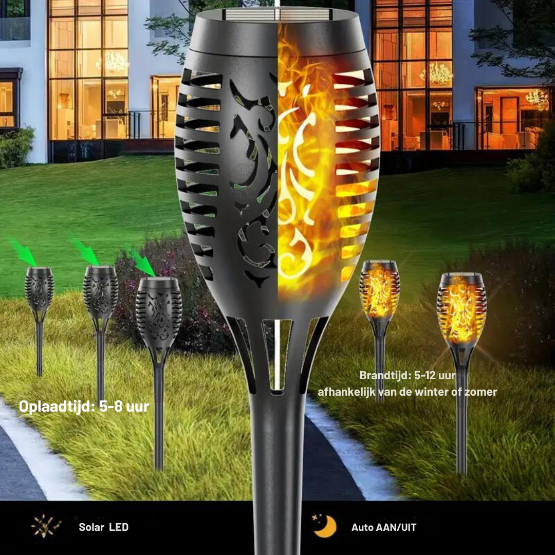 Solar LED buitenverlichting met flikkerende vlam, waterdicht, eenvoudig te installeren, oplaadbaar via zonne-energie, ideaal voor sfeervolle tuinen
