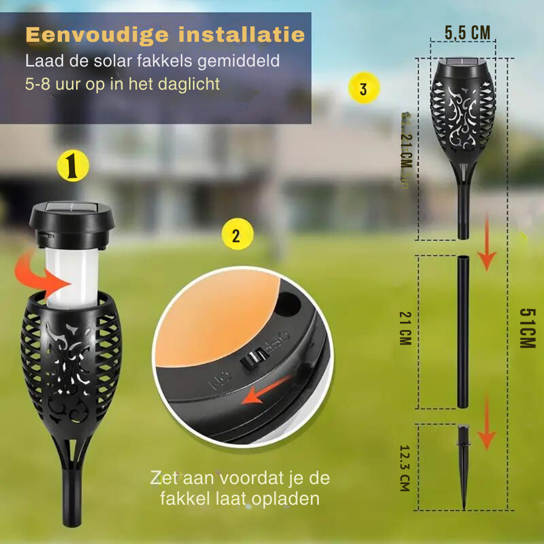 Solar LED buitenverlichting met flikkerende vlam, waterdicht, eenvoudig te installeren, oplaadbaar via zonne-energie, ideaal voor sfeervolle tuinen