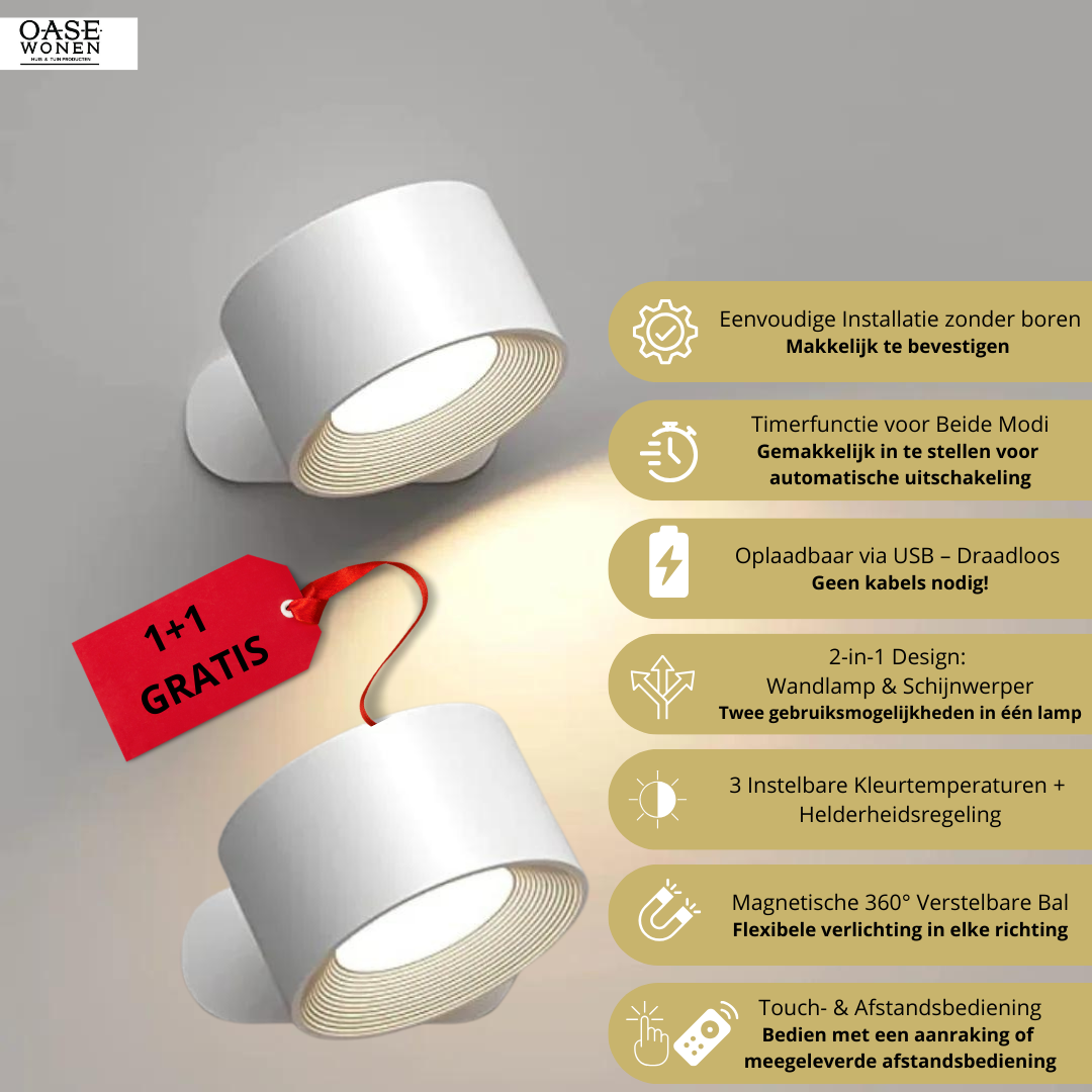 Draadloze 360° wandlamp, eenvoudig te bevestigen zonder boren, met instelbare lichtkleuren en touch- of afstandsbediening