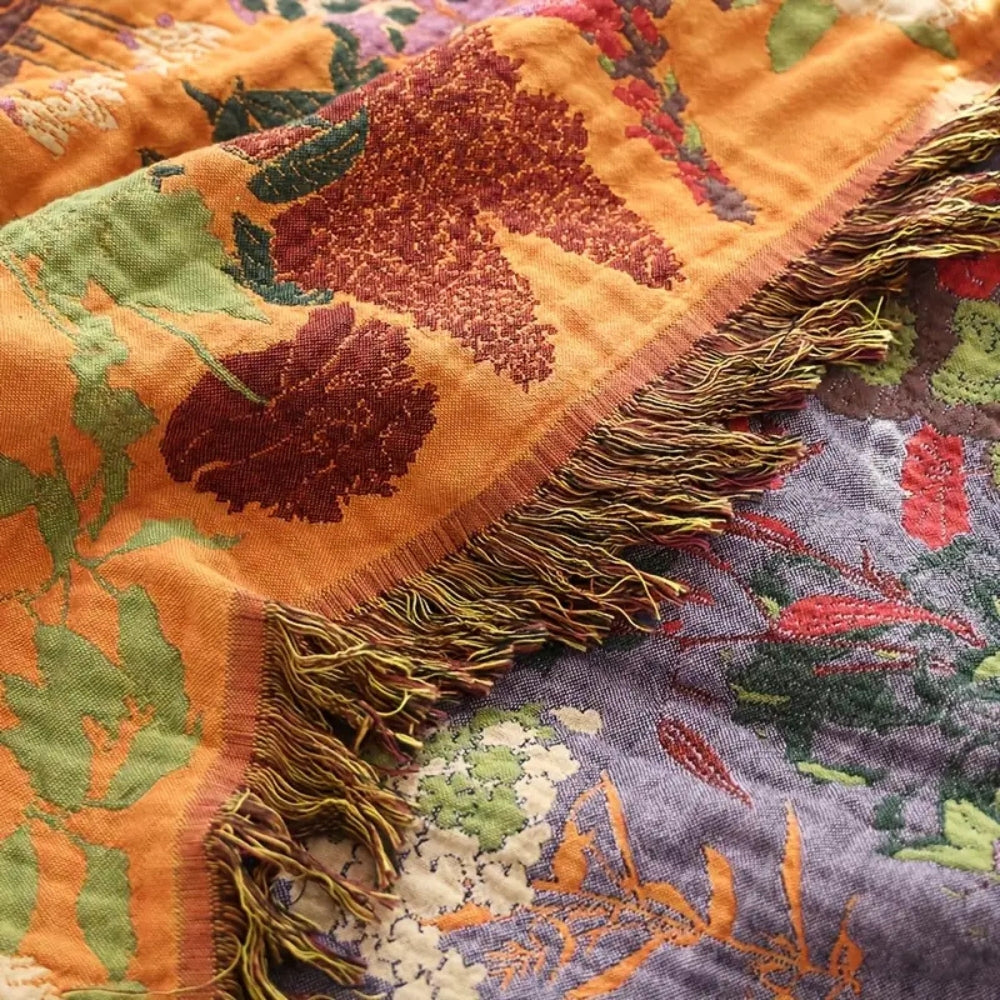 Botanische Katoenen Plaid met Franjes – Lichtgewicht & Omkeerbaar | Oase Wonen