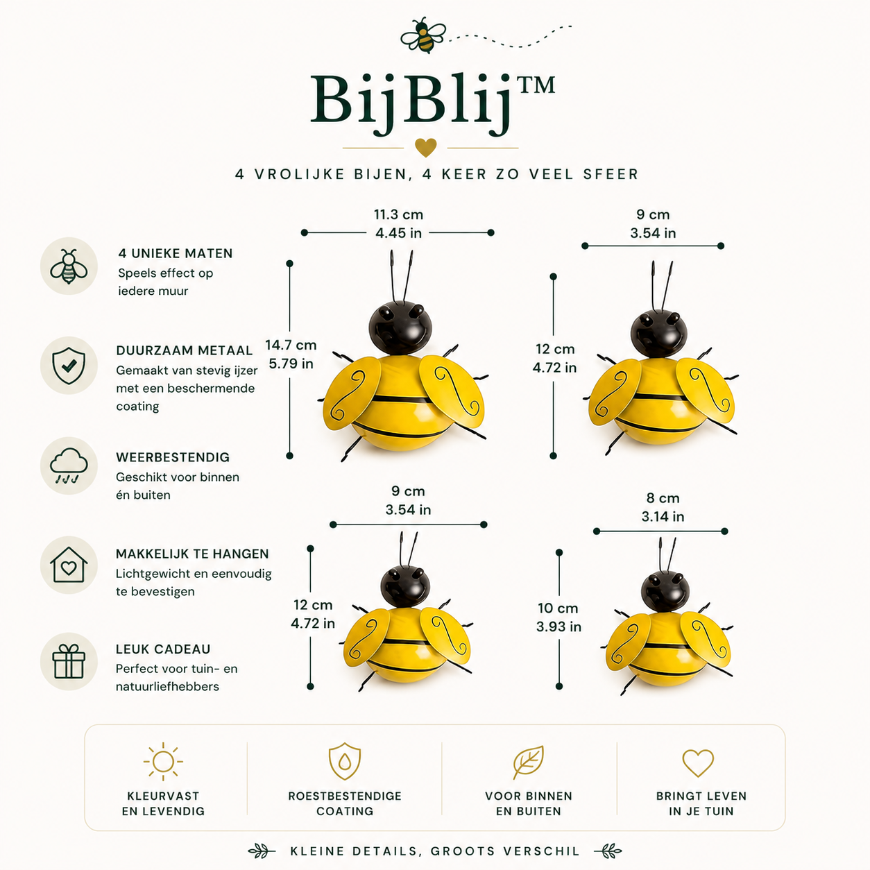 BijBlij™ – Metalen Wandbijen (4 Stuks)
