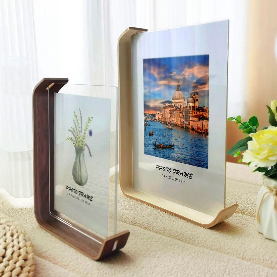 VistaWood – Dubbelzijdige Acryl Fotolijst met Houten Basis