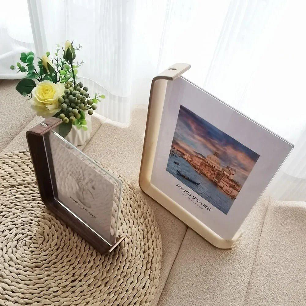 VistaWood – Dubbelzijdige Acryl Fotolijst met Houten Basis