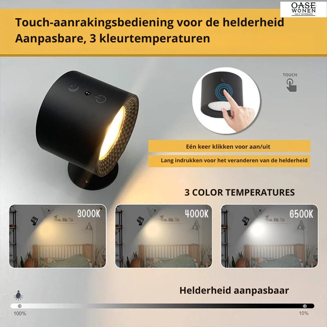 Draadloze 360° wandlamp, eenvoudig te bevestigen zonder boren, met instelbare lichtkleuren en touch- of afstandsbediening