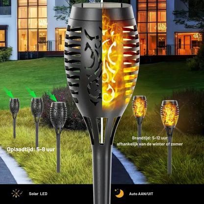 Solar LED buitenverlichting met flikkerende vlam, waterdicht, eenvoudig te installeren, oplaadbaar via zonne-energie, ideaal voor sfeervolle tuinen