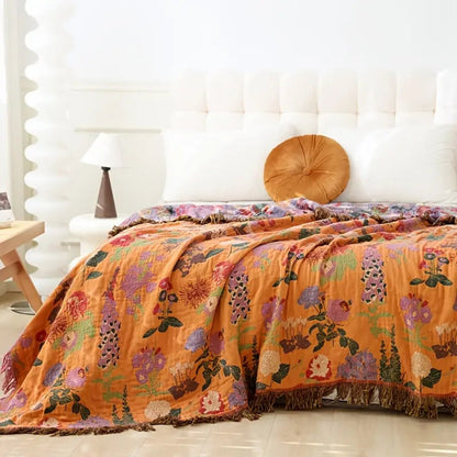 Botanische Katoenen Plaid met Franjes – Lichtgewicht & Omkeerbaar | Oase Wonen