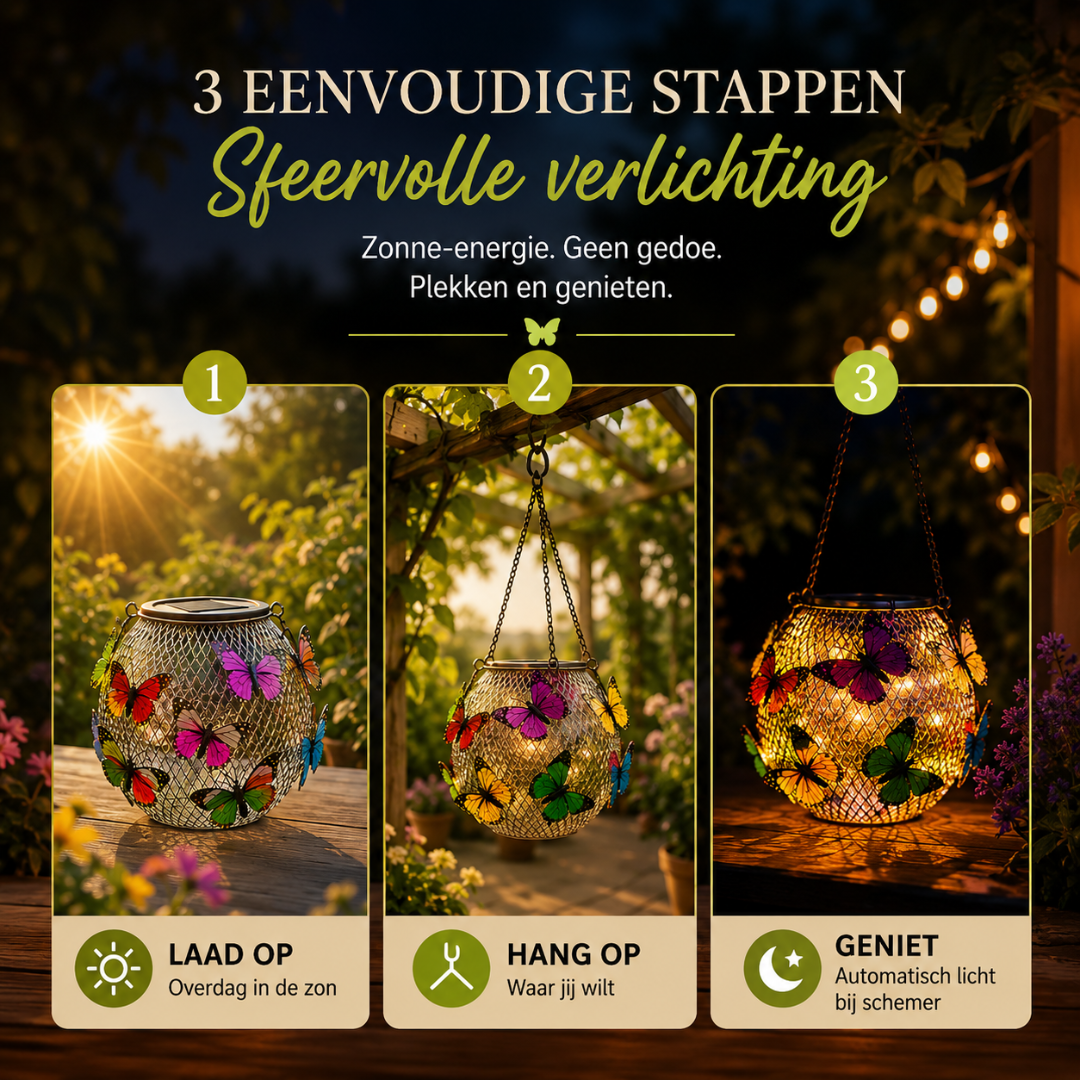 VlinderGloed™ – Overdag decoratie, ’s avonds sfeervol licht