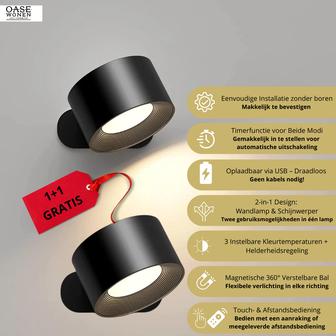 Draadloze 360° wandlamp, eenvoudig te bevestigen zonder boren, met instelbare lichtkleuren en touch- of afstandsbediening
