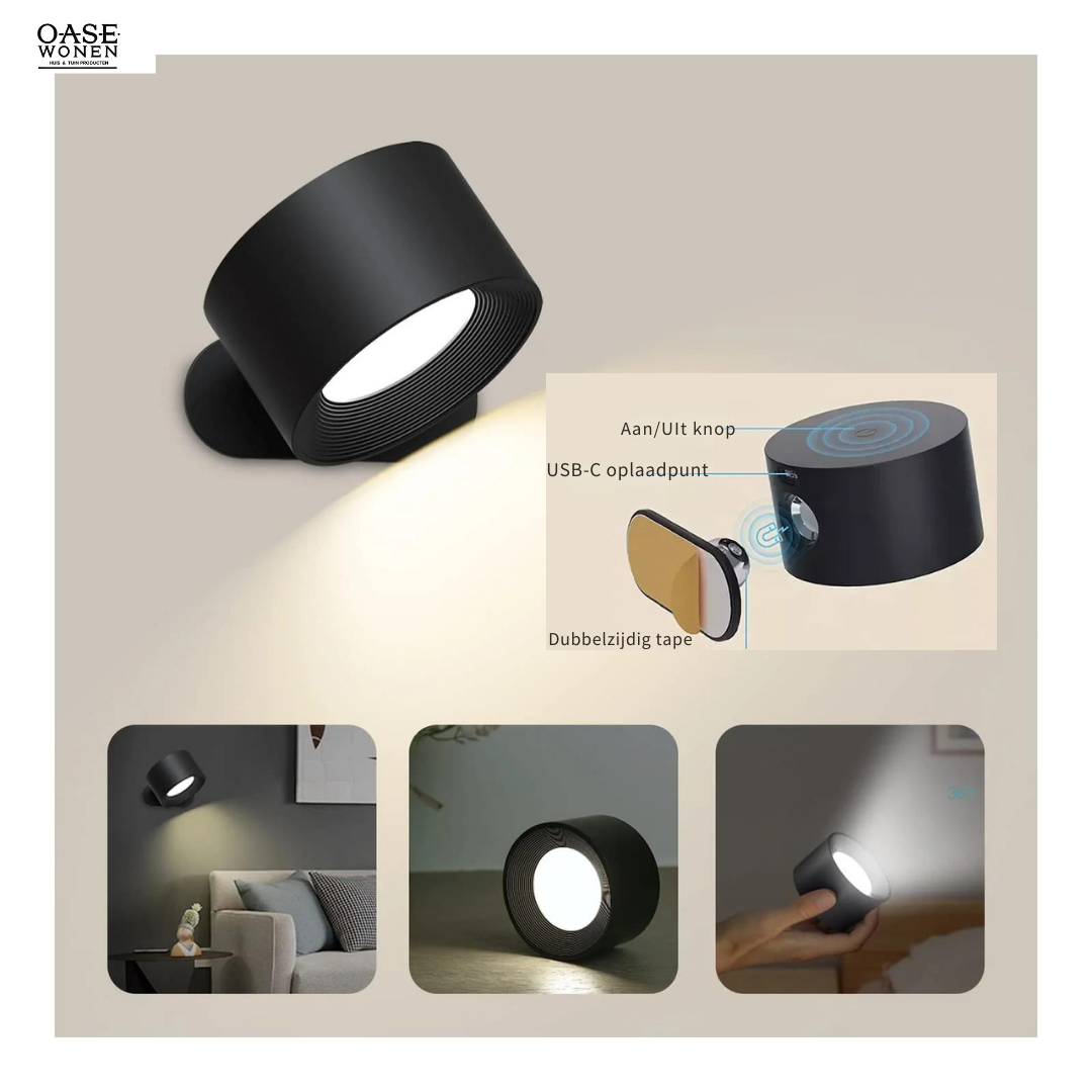 Draadloze 360° wandlamp, eenvoudig te bevestigen zonder boren, met instelbare lichtkleuren en touch- of afstandsbediening
