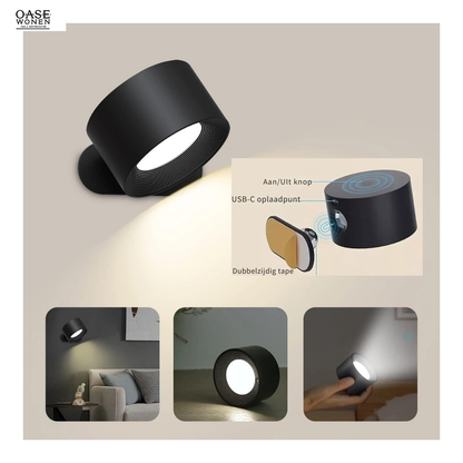 Draadloze 360° wandlamp, eenvoudig te bevestigen zonder boren, met instelbare lichtkleuren en touch- of afstandsbediening