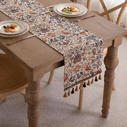 Vintage Jacquard Tafelloper – Bloemen & Vogels met Franjes | Oase Wonen
