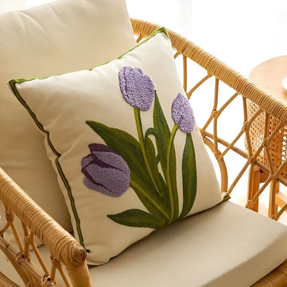 Blooming Tulip Kussenhoes – Geborduurd Katoen voor een Gezellige Sfeer | Oase Wonen