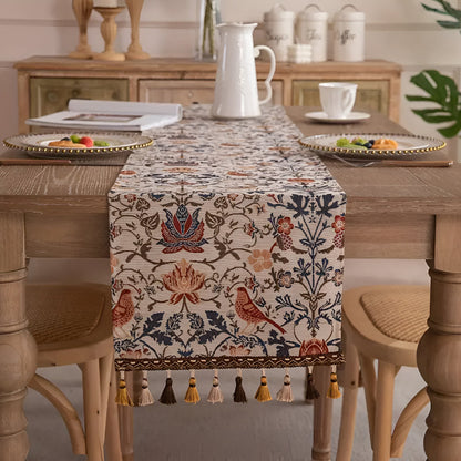 Vintage Jacquard Tafelloper – Bloemen & Vogels met Franjes | Oase Wonen