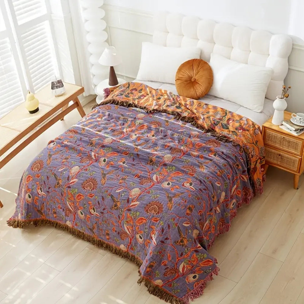 Botanische Katoenen Plaid met Franjes – Lichtgewicht & Omkeerbaar | Oase Wonen