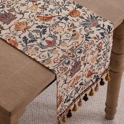 Vintage Jacquard Tafelloper – Bloemen & Vogels met Franjes | Oase Wonen