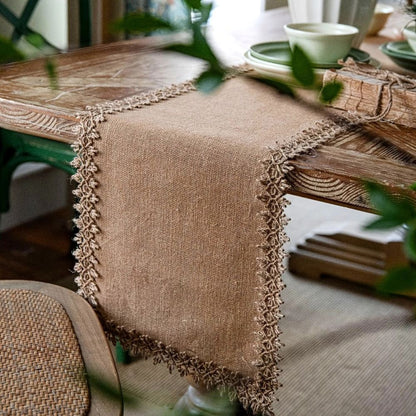 Boho Jute Tafelloper met Kanten Rand – Naturel voor Eettafel | Oase Wonen