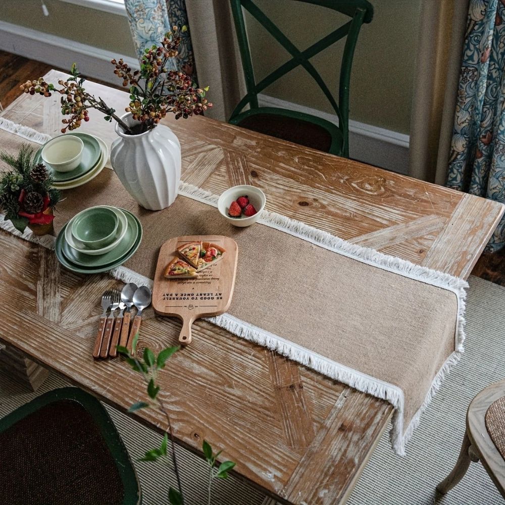 Boho Jute Tafelloper met Kanten Rand – Naturel voor Eettafel | Oase Wonen