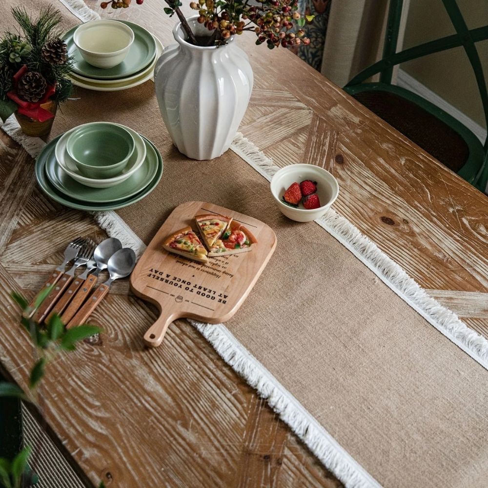 Boho Jute Tafelloper met Kanten Rand – Naturel voor Eettafel | Oase Wonen