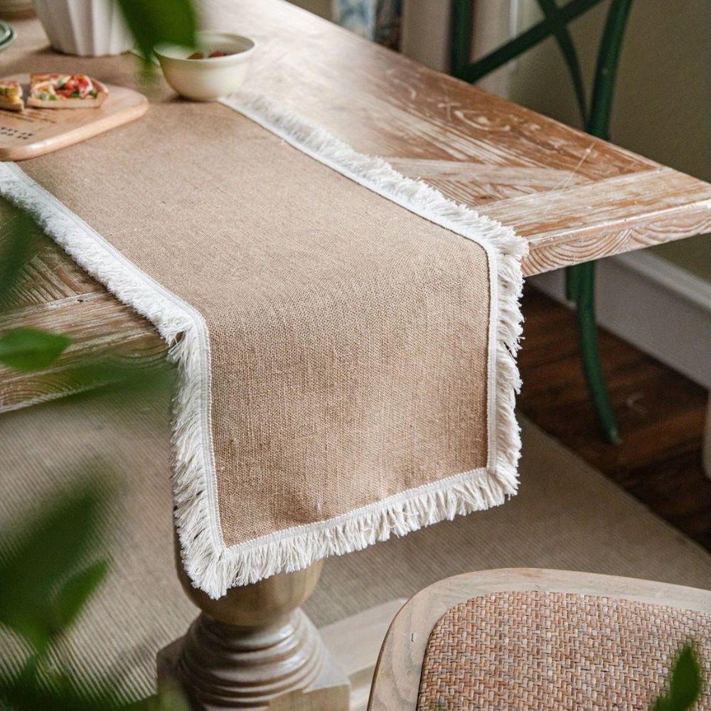 Boho Jute Tafelloper met Kanten Rand – Naturel voor Eettafel | Oase Wonen