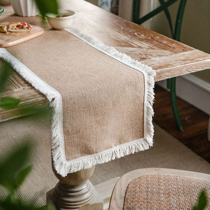 Boho Jute Tafelloper met Kanten Rand – Naturel voor Eettafel | Oase Wonen