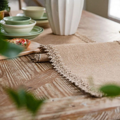 Boho Jute Tafelloper met Kanten Rand – Naturel voor Eettafel | Oase Wonen