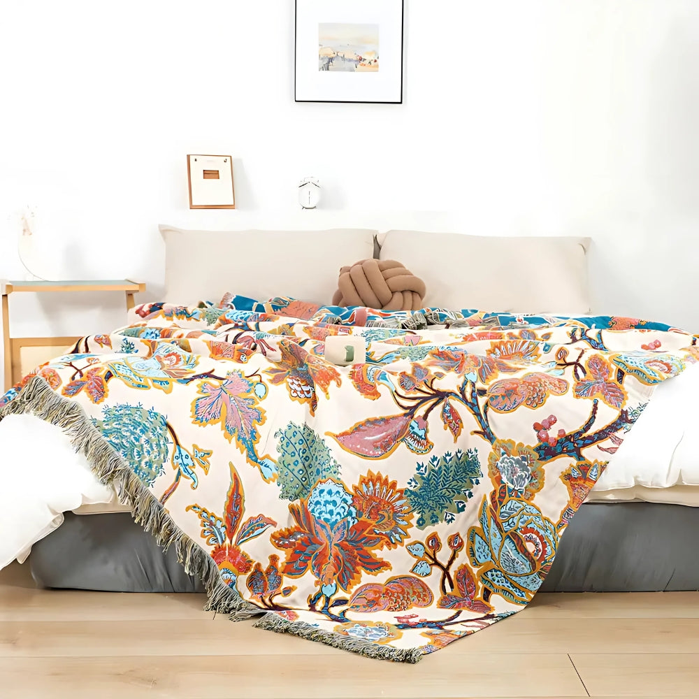Floryn Bloemen Plaid – Katoen Jacquard voor Bank en Bed | Oase Wonen
