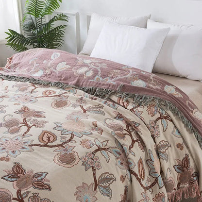 Bloemen Bedsprei met Kwastjes – Katoenen Deken voor de Slaapkamer | Oase Wonen