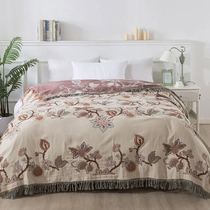 Bloemen Bedsprei met Kwastjes – Katoenen Deken voor de Slaapkamer | Oase Wonen