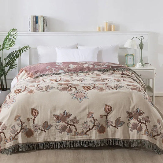 Bloemen Bedsprei met Kwastjes – Katoenen Deken voor de Slaapkamer | Oase Wonen
