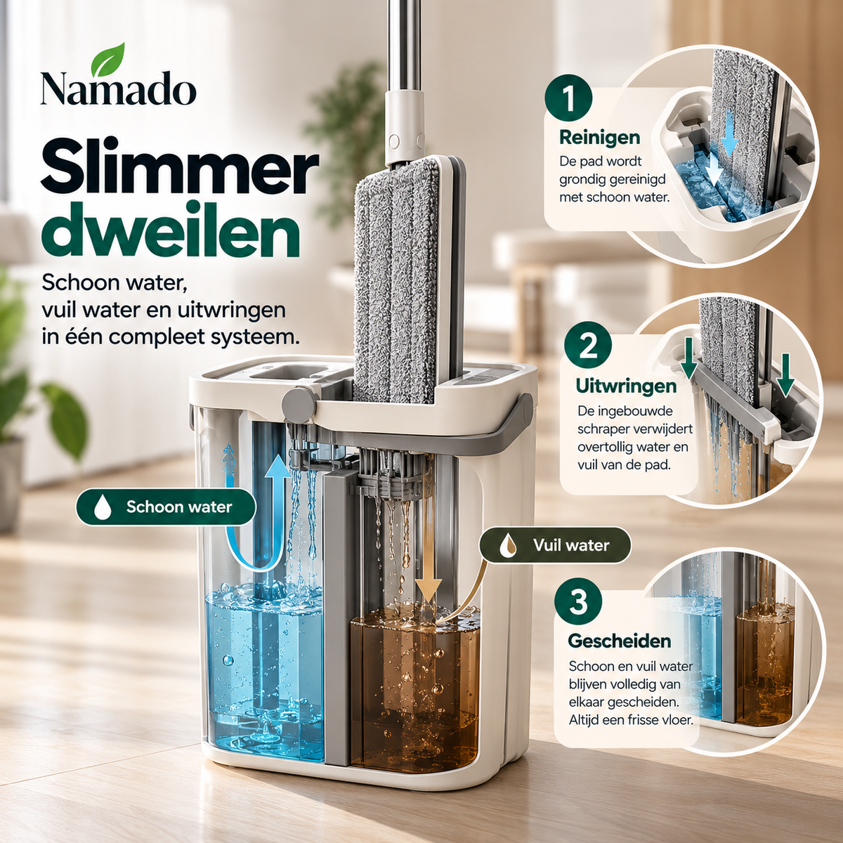 Oase Wonen CleanFlow™ Dweilsysteem - Dweil met schoon water. Vuil water blijft apart