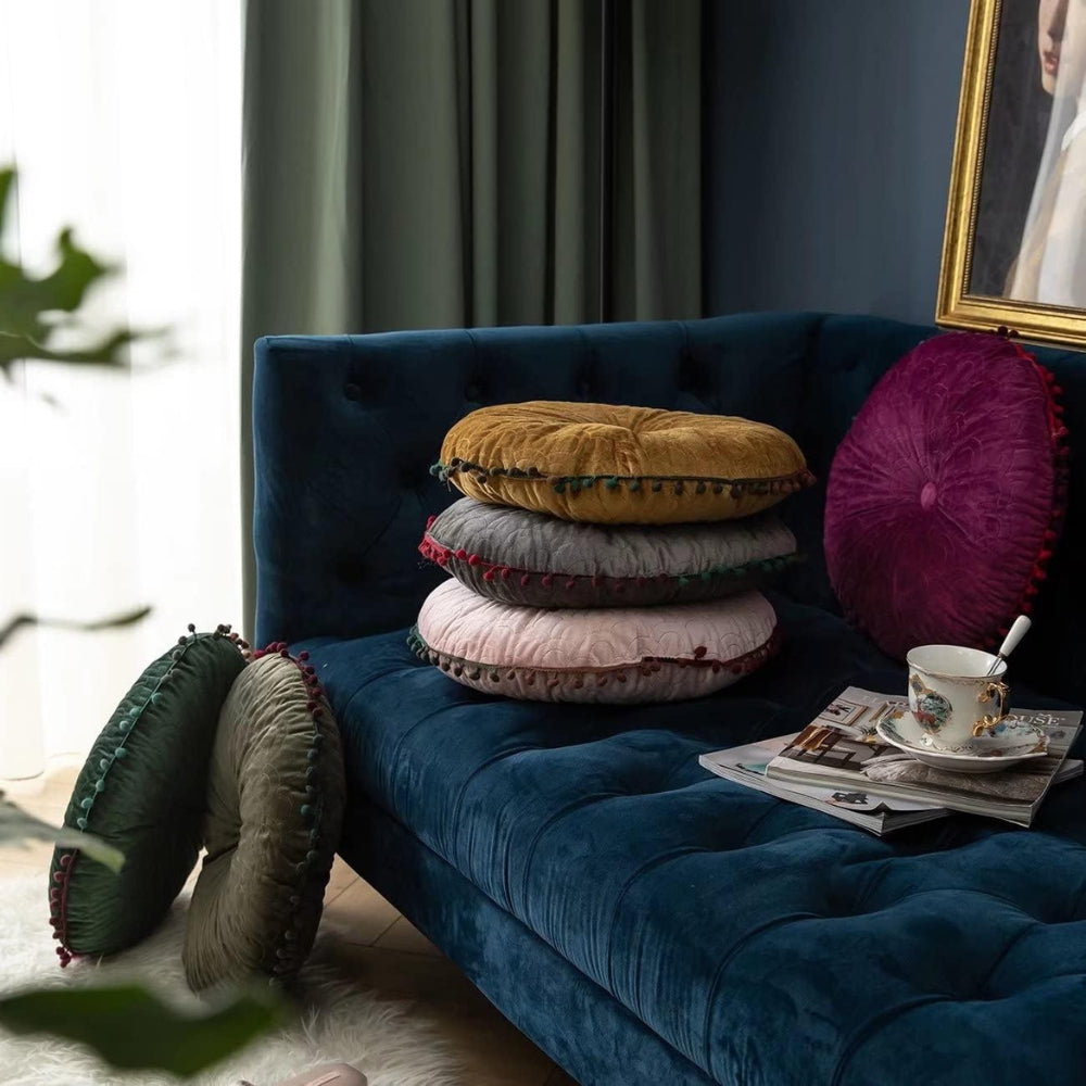 Ronde Velvet Kussen Vintage Quilted Ottoman Pad – Fluweel | Oase Wonen