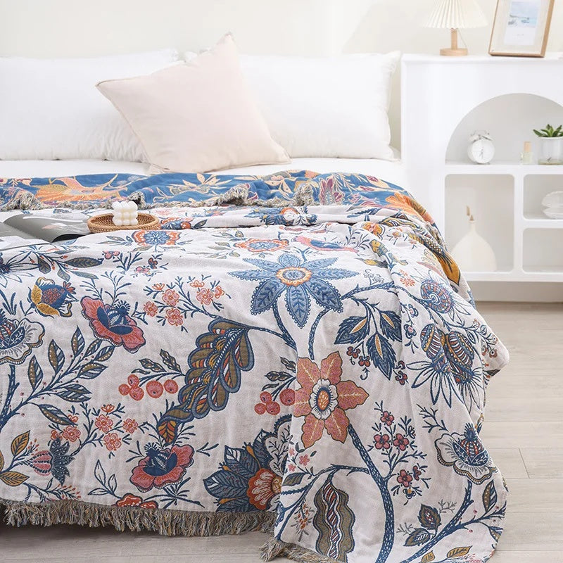 Bloemen Plaid 100% Katoen – Jacquard Deken voor de Bank | Oase Wonen