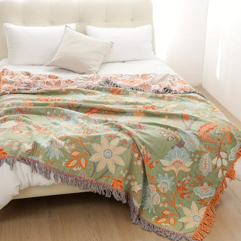 Boho Bloemen Plaid – 100% Katoen voor een Gezellige Sfeer | Oase Wonen